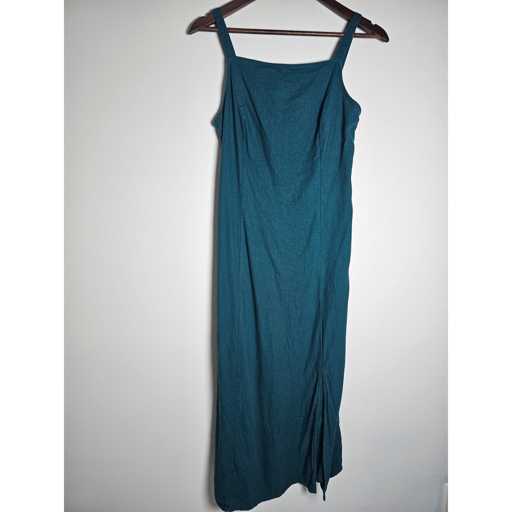 Coastal Linen Old Navy Cami Slip Midi Dress Womens L Teal Side Slit Smocked Back